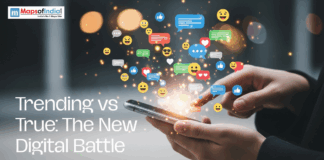 Trending vs True: The New Digital Battle Social media icons bursting from a smartphone with the text "Trending vs True: The New Digital Battle."