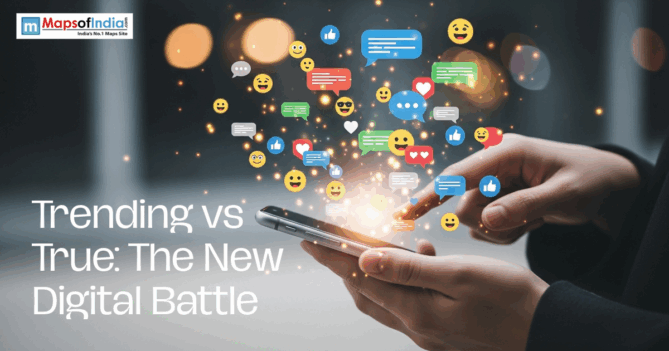 Social media icons bursting from a smartphone with the text "Trending vs True: The New Digital Battle."