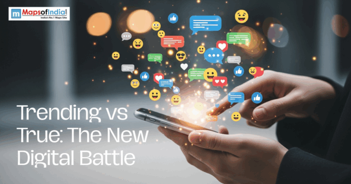 Social media icons bursting from a smartphone with the text "Trending vs True: The New Digital Battle."