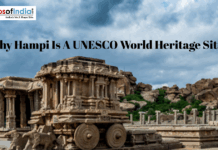 Why Hampi Is A UNESCO World Heritage Site? Stone chariot at Hampi ruins under cloudy sky with UNESCO heritage title overlay