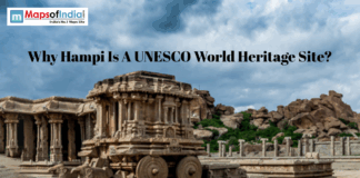 Why Hampi Is A UNESCO World Heritage Site? Stone chariot at Hampi ruins under cloudy sky with UNESCO heritage title overlay