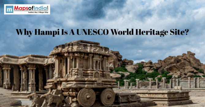 Stone chariot at Hampi ruins under cloudy sky with UNESCO heritage title overlay