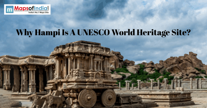 Stone chariot at Hampi ruins under cloudy sky with UNESCO heritage title overlay