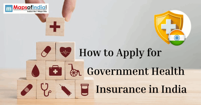 Illustration of stacked medical icons and blocks with a cross symbol, representing how to apply for government health insurance in India.