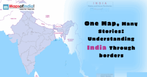 Map of India showing state boundaries and neighboring countries with the title “One Map, Many Stories: Understanding India Through Borders”.