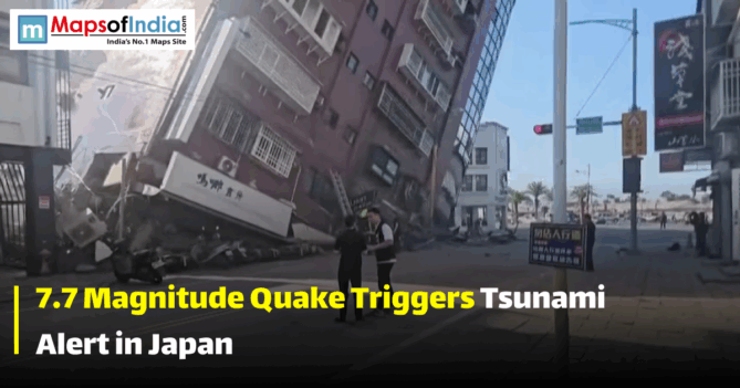 A building tilted after an earthquake in Japan.