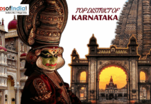 Top Districts of Karnataka A collage featuring Mysore Palace, a Yakshagana performer, and ancient temples, with text reading "Top District of Karnataka."