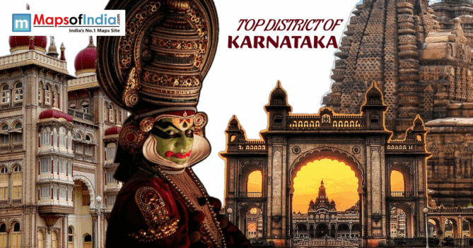 A collage featuring Mysore Palace, a Yakshagana performer, and ancient temples, with text reading "Top District of Karnataka."