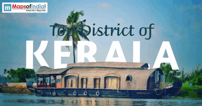 Houseboat on Kerala backwaters with text “Top District of Kerala.