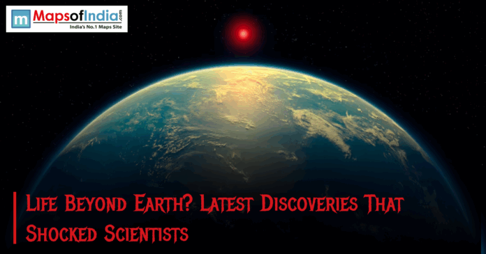 Illustration of Earth from space with a glowing red star above and the text “Life Beyond Earth? Latest Discoveries That Shocked Scientists.”