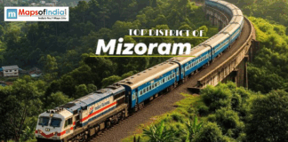 Top Districts of Mizoram Train passing through lush green hills of Mizoram with “Top District of Mizoram” text