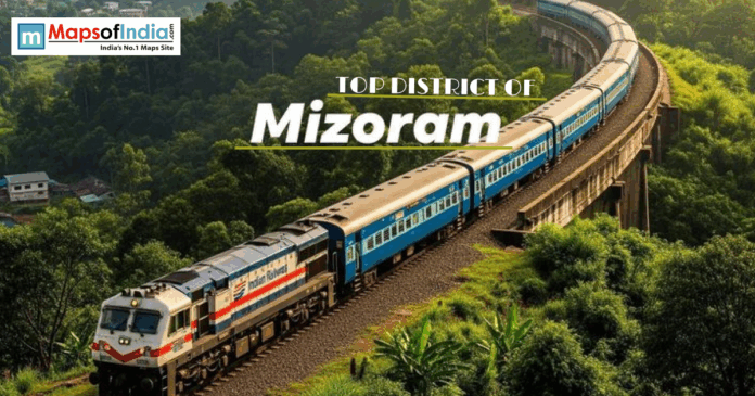 MIZORAM Train passing through lush green hills of Mizoram with “Top District of Mizoram” text