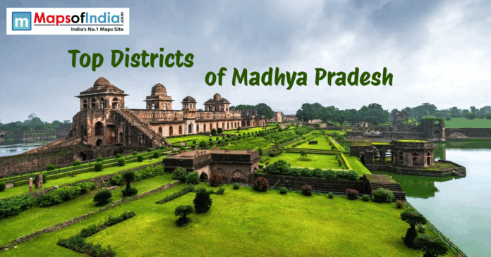 Madhya Pradesh Top districts of Madhya Pradesh banner featuring historic fort and lush green landscape near water body
