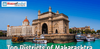 Top Districts of Madhya Pradesh Top districts of Maharashtra banner featuring Gateway of India and Mumbai waterfront scene