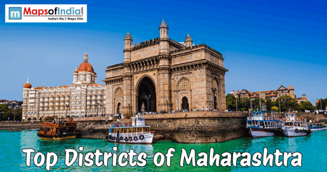 Top districts of Maharashtra banner featuring Gateway of India and Mumbai waterfront scene