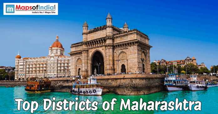 Maharashtra Top districts of Maharashtra banner featuring Gateway of India and Mumbai waterfront scene
