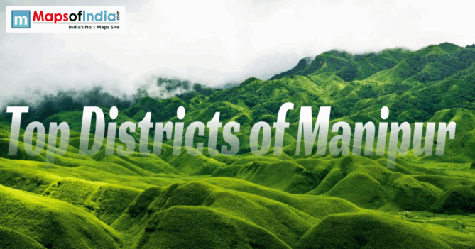 Scenic green hills of Manipur with “Top Districts of Manipur” text overlay