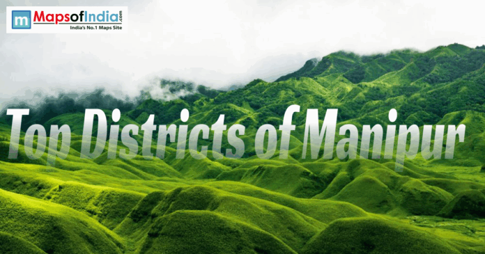 Scenic green hills of Manipur with “Top Districts of Manipur” text overlay