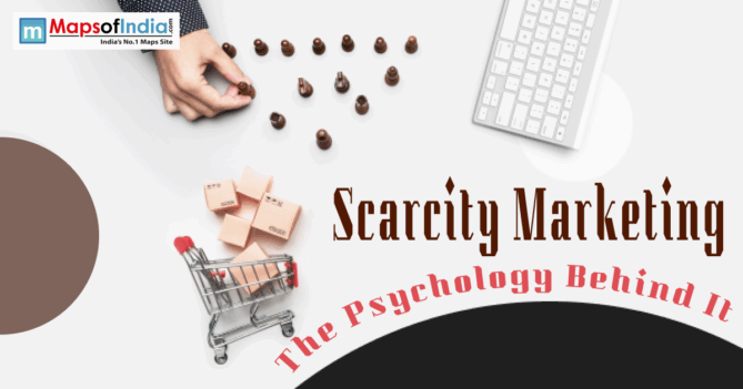 A shopping cart with boxes and chess pieces with the text "Scarcity Marketing: The Psychology Behind It."