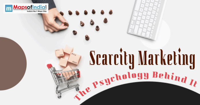A shopping cart with boxes and chess pieces with the text "Scarcity Marketing: The Psychology Behind It."