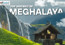 Top Districts of Meghalaya Scenic waterfall and hills in Meghalaya with “Top District of Meghalaya” text overlay