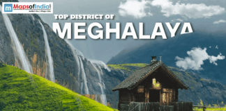 Top Districts of Meghalaya Scenic waterfall and hills in Meghalaya with “Top District of Meghalaya” text overlay