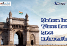 Modern India: Where Roots Meet Reinvention The Gateway of India with the text "Modern India: Where Roots Meet Reinvention."