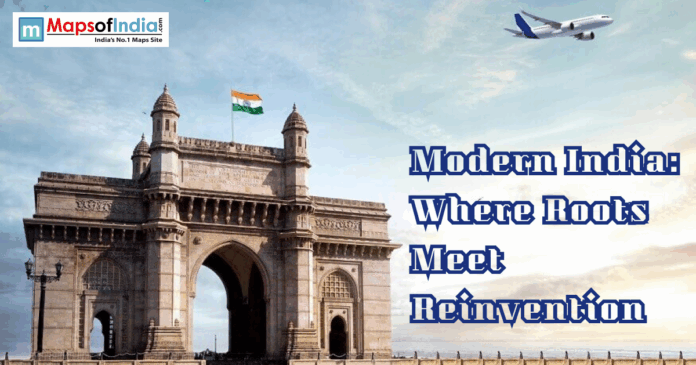 The Gateway of India with the text "Modern India: Where Roots Meet Reinvention."