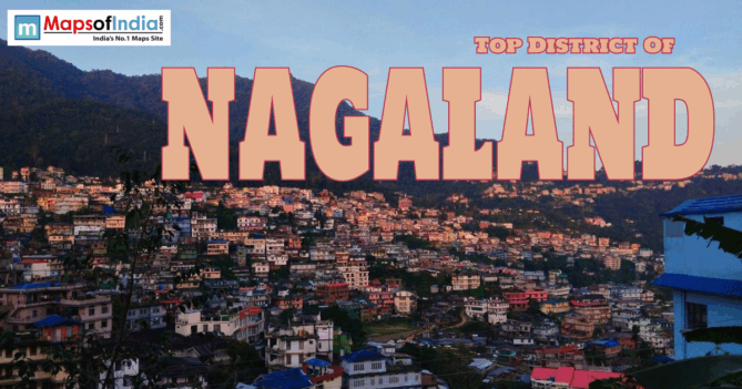 Hillside town in Nagaland with “Top District of Nagaland” text overlay