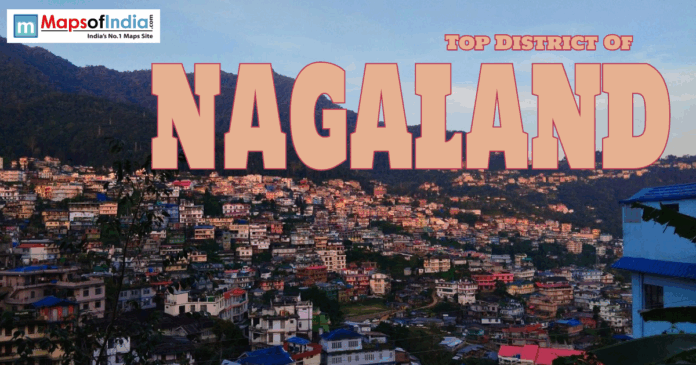 Hillside town in Nagaland with “Top District of Nagaland” text overlay