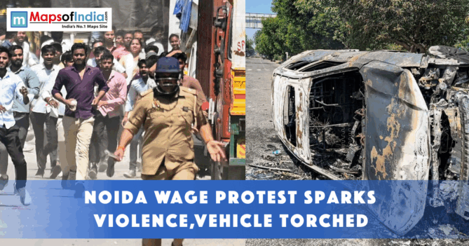 Workers protest in Noida turns violent as police intervene, with a vehicle seen overturned and burned on the road