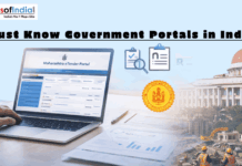 Must-Know Government Portals In India Person using a laptop showing the Maharashtra eTender Portal, with text "Must Know Government Portals in India" and a government building in the background.