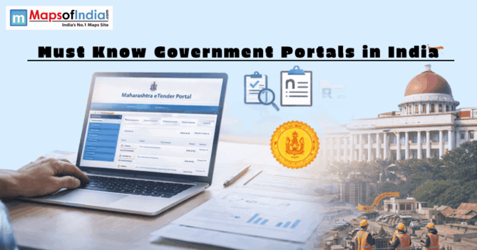 Person using a laptop showing the Maharashtra eTender Portal, with text "Must Know Government Portals in India" and a government building in the background.