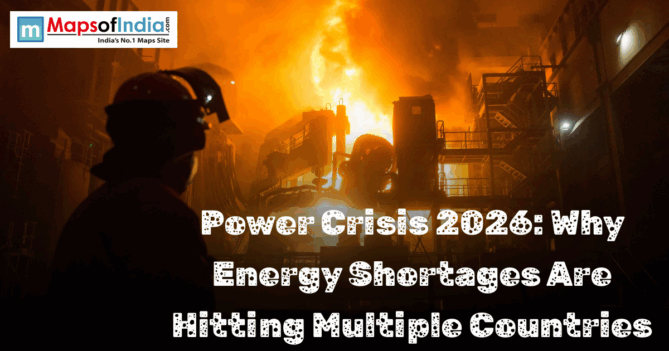 Industrial plant fire during power crisis, highlighting global energy shortages in 2026