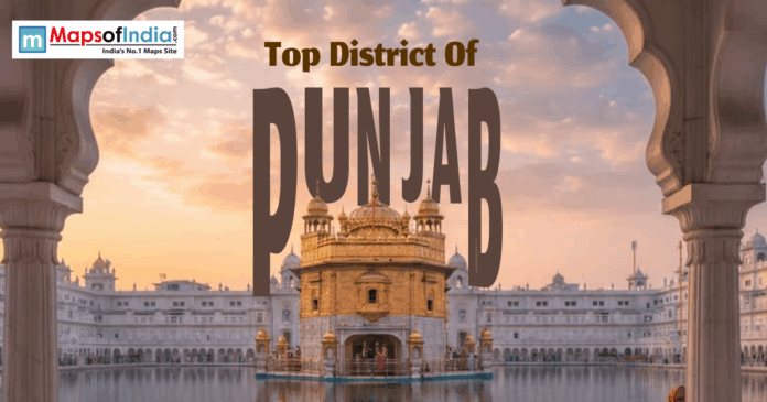 Golden Temple view through an archway with text "Top District Of PUNJAB".