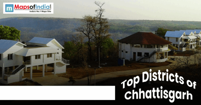 Banner image for “Top Districts of Chhattisgarh” showcasing scenic hillside cottages surrounded by lush forests and natural landscapes.