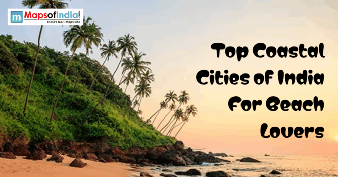 Tropical beach with palm trees and rocky shore at sunset featuring text “Top Coastal Cities of India for Beach Lovers”