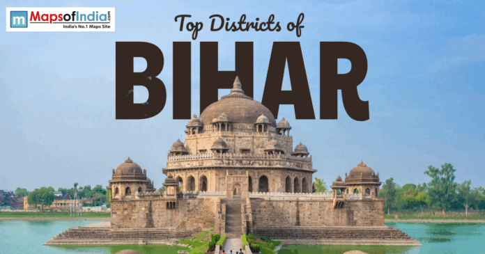 Banner image for “Top Districts of Bihar” featuring a historic domed monument surrounded by water, showcasing Bihar’s rich architectural heritage.