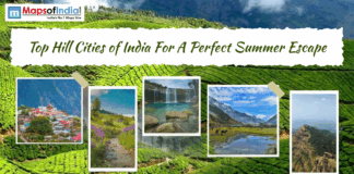 Top Hill Cities of India For A Perfect Summer Escape Scenic collage of India’s hill cities with tea gardens, mountains, waterfalls, and valleys titled “Top Hill Cities of India For A Perfect Summer Escape”