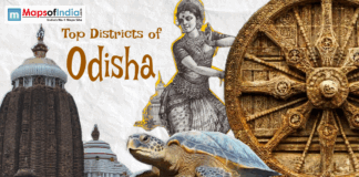 Top Districts of Odisha Collage of Odisha culture with temple, Konark wheel, dancer, and turtle with “Top Districts of Odisha