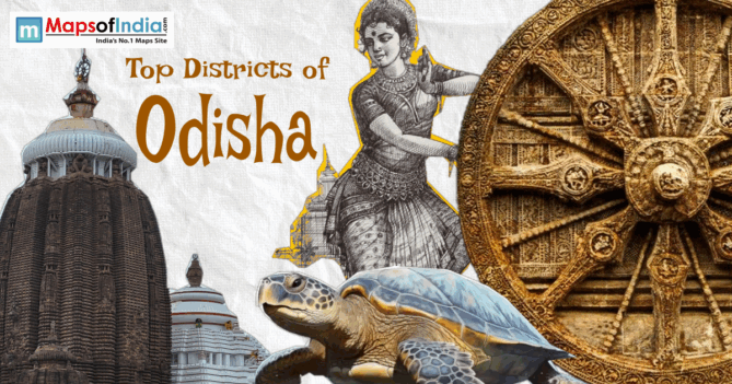 Collage of Odisha culture with temple, Konark wheel, dancer, and turtle with “Top Districts of Odisha