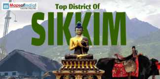 Top Districts of Sikkim Top district of Sikkim banner featuring Buddha statue, mountain landscape, traditional house, and yak with saddle.
