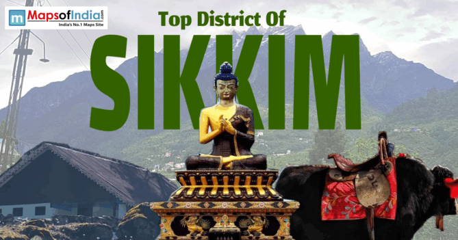 Top district of Sikkim banner featuring Buddha statue, mountain landscape, traditional house, and yak with saddle.