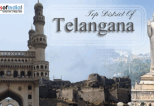 Top Districts of Telangana Banner showing iconic landmarks of Telangana, including Charminar, Golconda Fort, and Buddha statue with “Top District of Telangana” text.