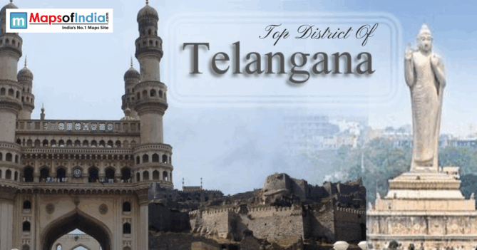 Banner showing iconic landmarks of Telangana, including Charminar, Golconda Fort, and Buddha statue with “Top District of Telangana” text.
