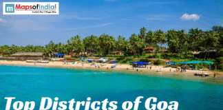 Top Districts of Goa: Best Places to Explore Scenic beach view in Goa with palm trees, clear blue water, and tourists enjoying the shoreline, titled “Top Districts of Goa.”