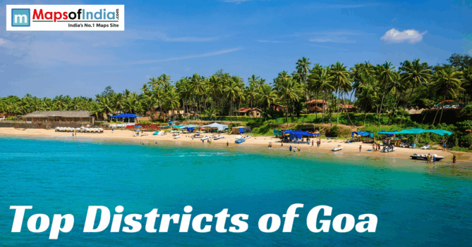 Scenic beach view in Goa with palm trees, clear blue water, and tourists enjoying the shoreline, titled “Top Districts of Goa.”