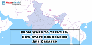 From Wars to Treaties: How State Boundaries Are Created Political map of India illustrating the topic of how state boundaries are created through wars, treaties, and historical processes.