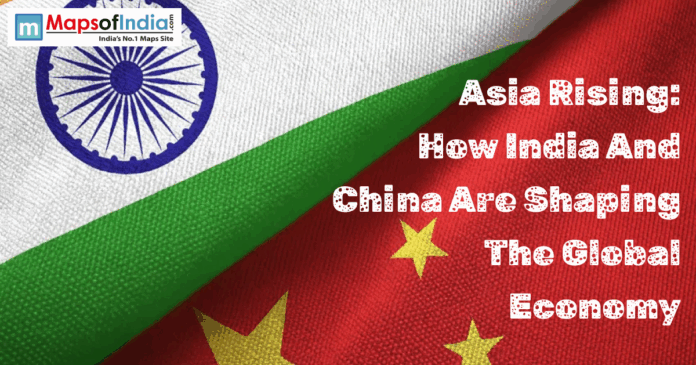 Indian and Chinese flags side by side with text “Asia Rising: How India and China Are Shaping the Global Economy”