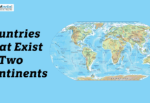 Countries That Exist In Two Continents Illustration of a world map with the title “Countries That Exist In Two Continents” on a blue background.